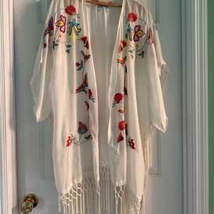 Johnny Was White Embroidered Fringe Kimono